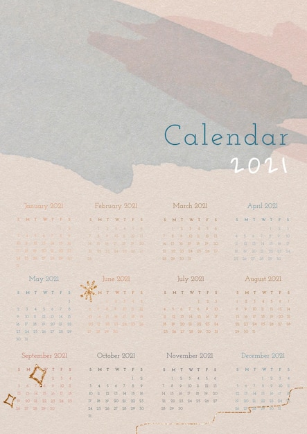 Vector gratuito plantilla anual del calendario 2021 con textura de papel de acuarela