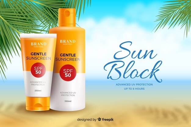 Plantilla de anuncio realista de protector solar con playa