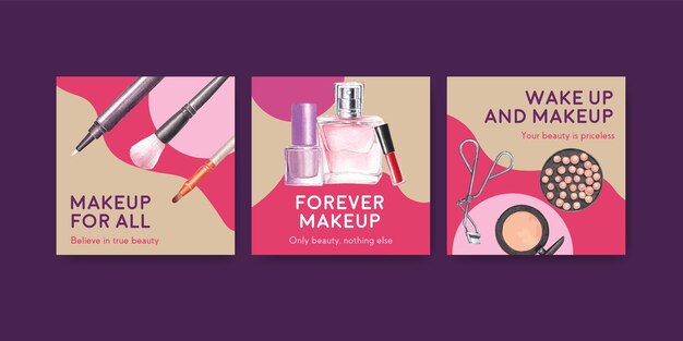 Plantilla de anuncios con diseño de concepto de maquillaje para acuarela de marketing y negocios.