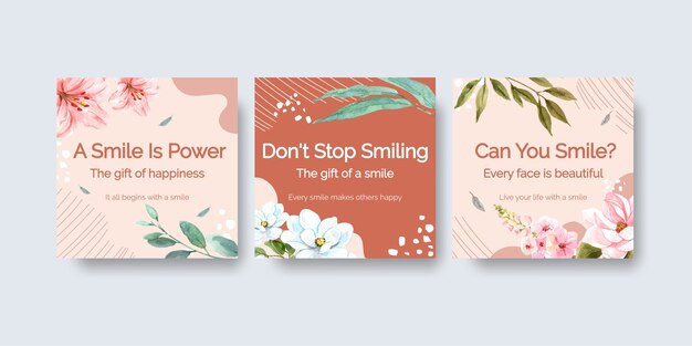 Plantilla de anuncios con diseño de ramo de flores para el concepto del día mundial de la sonrisa para la ilustración de vector de acuarela de marketing.