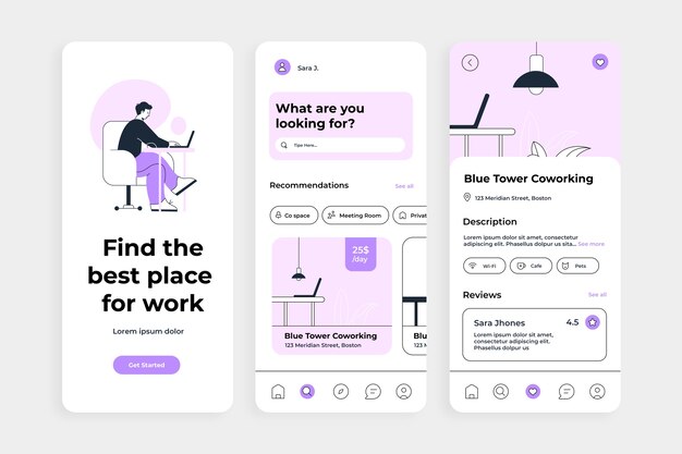 Plantilla de aplicación de coworking dibujada a mano