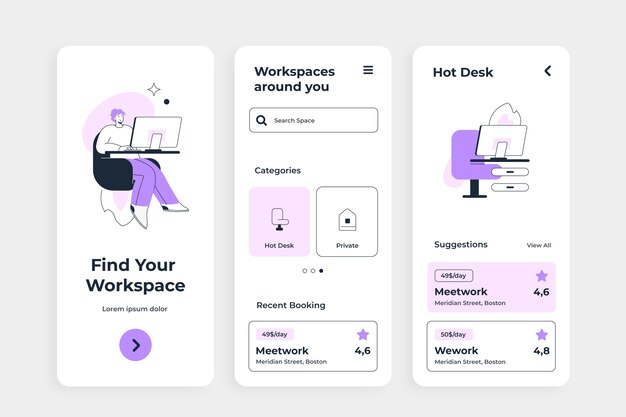 Plantilla de aplicación de coworking de diseño plano