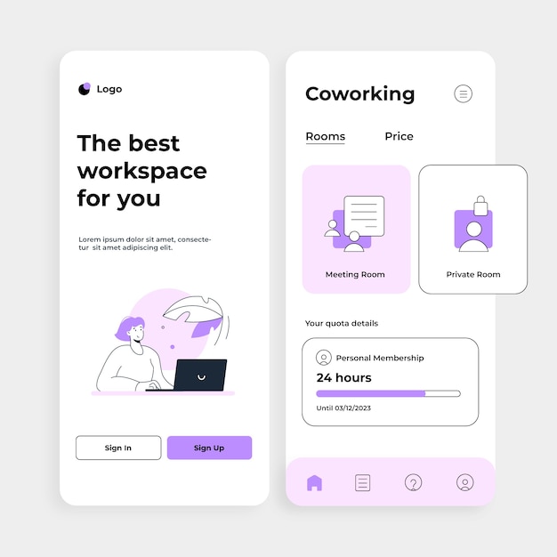 Plantilla de aplicación de coworking de diseño plano