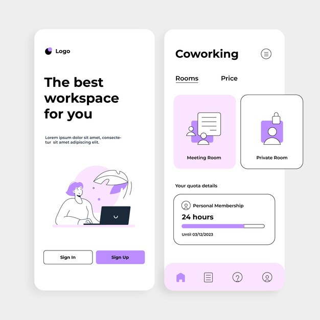 Plantilla de aplicación de coworking de diseño plano