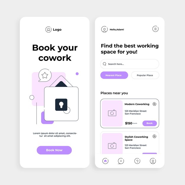 Plantilla de aplicación de coworking de diseño plano