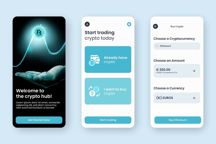 Vector gratuito plantilla de aplicación de criptomonedas de diseño plano