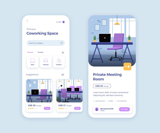Plantilla de aplicación de espacio de coworking plana