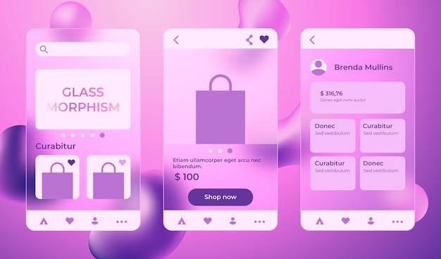 Vector gratuito plantilla de aplicación móvil de morfismo de vidrio realista