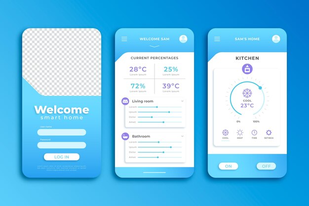 Plantilla de aplicación de teléfono inteligente para el hogar inteligente azul