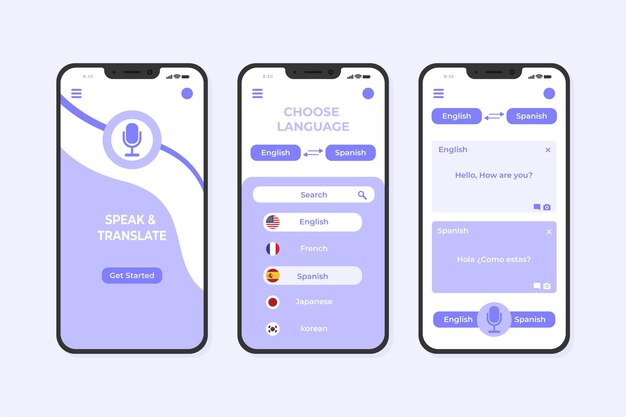 Plantilla de aplicación de teléfono inteligente traductor violeta pastel