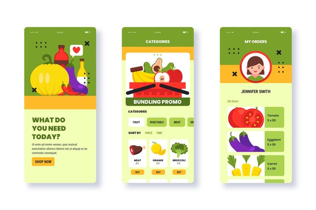 Plantilla de aplicación de tienda de comestibles en línea de diseño plano