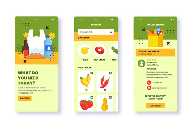 Plantilla de aplicación de tienda de comestibles en línea de diseño plano