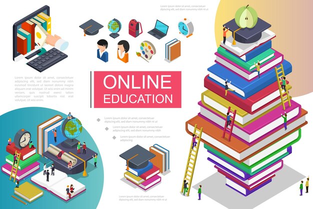 Plantilla de aprendizaje en línea isométrica con personas que suben escaleras en la pila de libros toman el libro de la computadora portátil y los iconos de educación ilustración