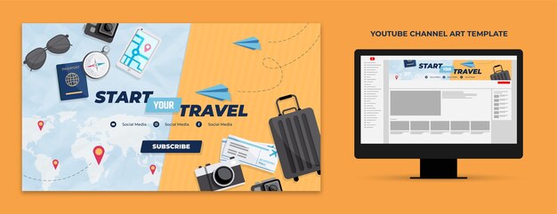 Plantilla de arte de canal de youtube de agencia de viajes de diseño plano