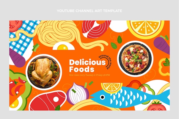 Plantilla de arte de canal de youtube de comida de diseño plano