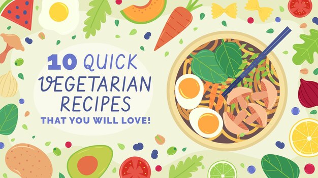 Plantilla de arte de canal de youtube de comida vegetariana plana dibujada a mano