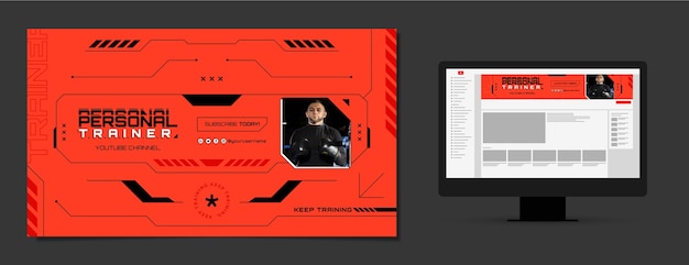 Plantilla de arte de canal de youtube de entrenador personal de diseño plano