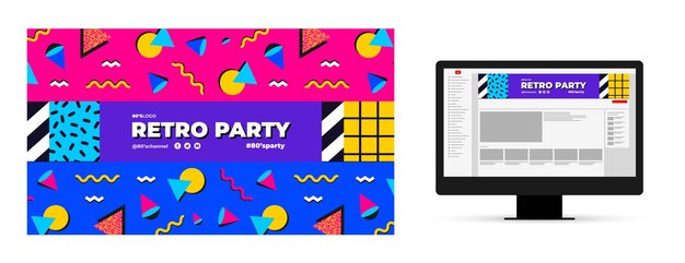 Plantilla de arte de canal de youtube de fiesta de los 80 de diseño plano