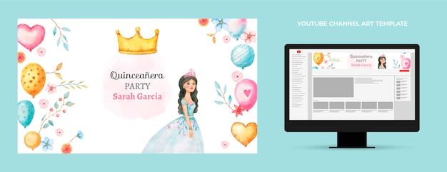 Vector gratuito plantilla de arte de canal de youtube de quinceañera en acuarela