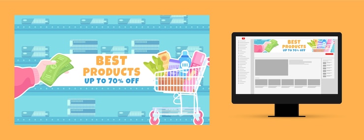 Vector gratuito plantilla de arte de canal de youtube de supermercado dibujado a mano