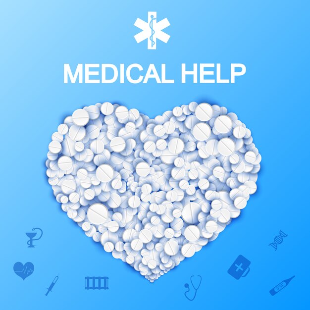 Plantilla de ayuda médica abstracta con forma de corazón de píldoras y medicamentos en la ilustración azul claro