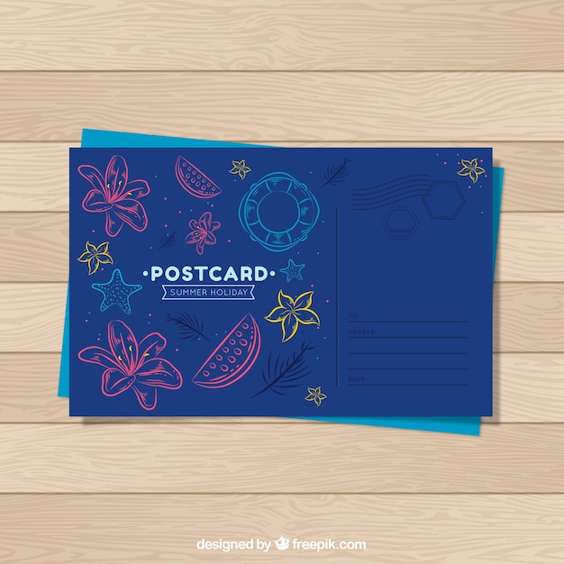 Plantilla azul de postal de verano dibujada a mano