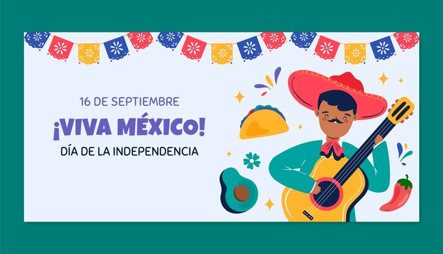 Vector gratuito plantilla de bandera horizontal plana para la celebración del día de la independencia de méxico