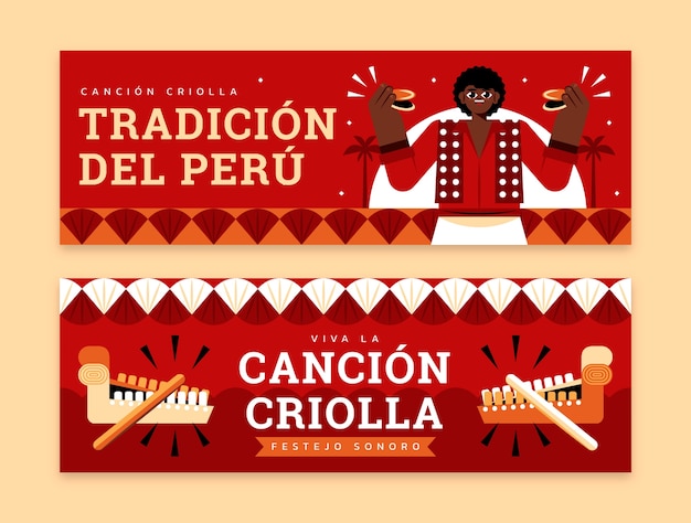 Vector gratuito plantilla de bandera horizontal plana para la celebración peruana de la canción criolla