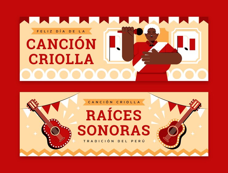 Vector gratuito plantilla de bandera horizontal plana para la celebración peruana de la canción criolla