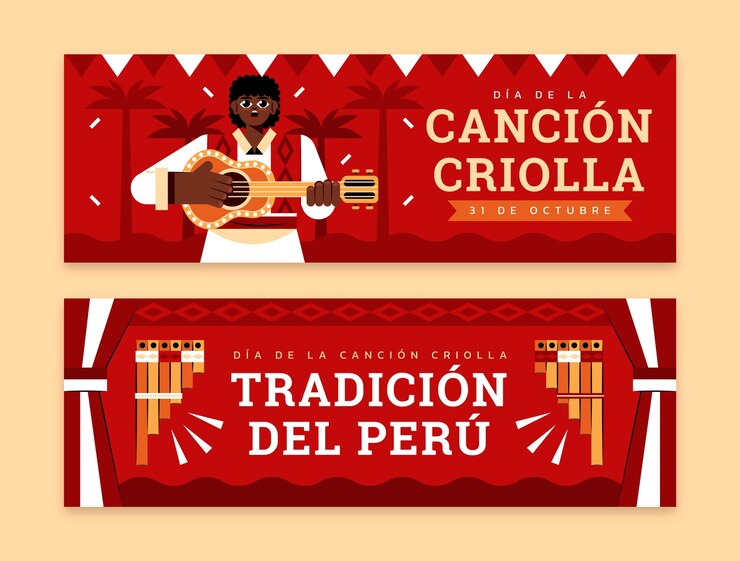 Vector gratuito plantilla de bandera horizontal plana para la celebración peruana de la canción criolla