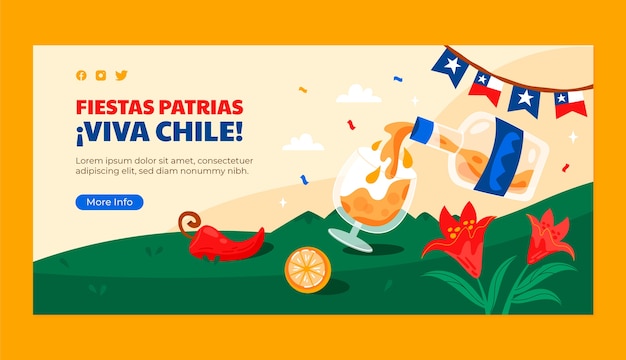 Plantilla de bandera horizontal plana para las celebraciones de las fiestas patrias chilenas