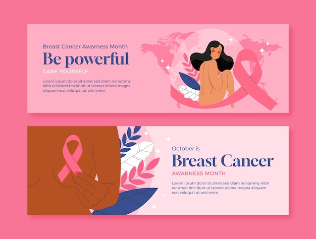 Vector gratuito plantilla de bandera horizontal plana para el mes de concienciación sobre el cáncer de mama