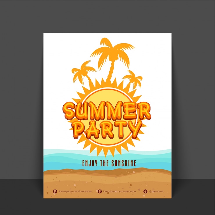 Vector gratuito la plantilla, la bandera o el aviador del partido del verano diseñan con el ejemplo de palmeras y de ondas del mar.
