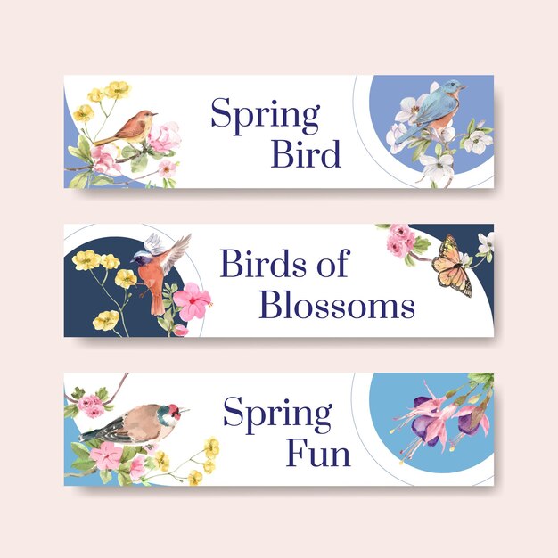 Plantilla de banner con aves y concepto de primavera