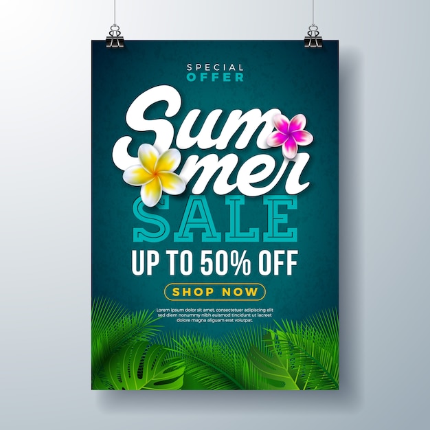 Vector gratuito plantilla de banner de cartel de venta de verano con flores y hojas de palmeras exóticas