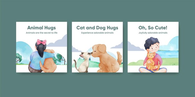 Vector gratuito plantilla de banner con concepto de abrazo de perro y gato lindo estilo acuarelaxa