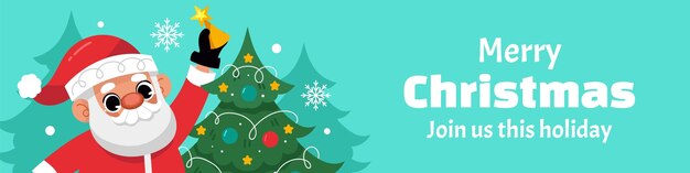 Plantilla de banner de contracción plana para la temporada navideña con santa y árbol