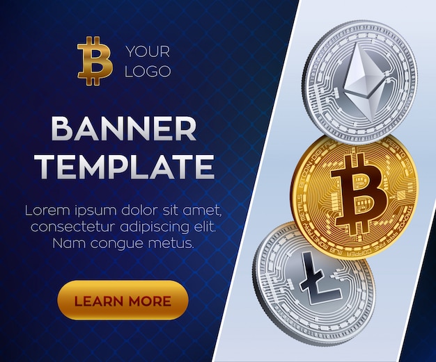 Plantilla de banner de criptomoneda. Bitcoin, Ethereum, Litecoin monedas de oro.