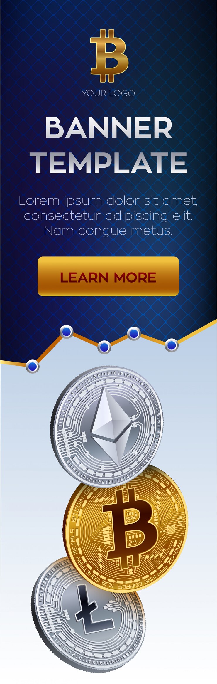 Vector gratuito plantilla de banner de criptomoneda. bitcoin, ethereum, litecoin monedas de oro.