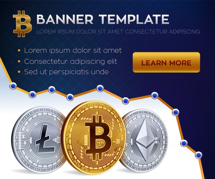 Vector gratuito plantilla de banner de criptomoneda. bitcoin, ethereum, litecoin monedas de oro.
