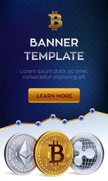 Plantilla de banner de criptomoneda. Bitcoin, Ethereum, Ripple monedas de oro.