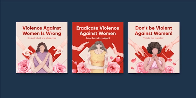 Plantilla de banner con detener la violencia contra las mujeres en estilo acuarela