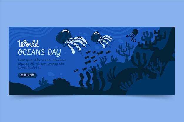 Plantilla de banner del día mundial de los océanos dibujado a mano