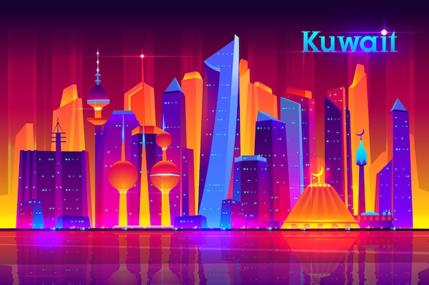 Plantilla de banner de dibujos animados de la vida nocturna de la metrópoli de Kuwait con ciudad de cultura musulmana, asiática moderna