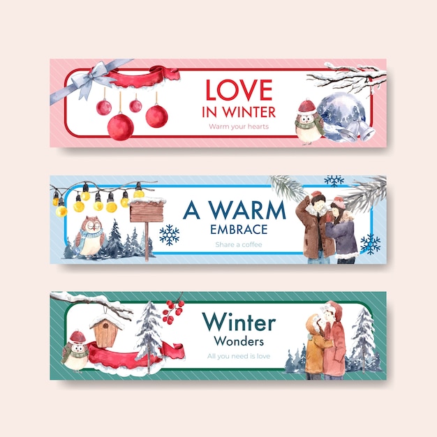 Plantilla de banner con diseño de concepto de amor de invierno para publicidad y marketing ilustración vectorial de acuarela