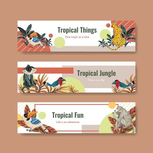 Plantilla de banner con diseño de concepto contemporáneo tropical para publicidad y marketing ilustración acuarela