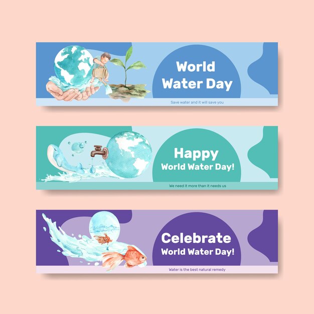 Plantilla de banner con diseño de concepto del día mundial del agua para publicidad y marketing ilustración acuarela