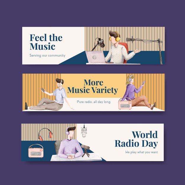 Plantilla de banner con diseño de concepto del día mundial de la radio para publicidad y marketing ilustración acuarela