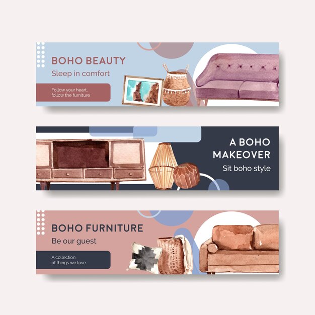 Plantilla de banner con diseño de concepto de muebles boho para publicidad y marketing ilustración acuarela