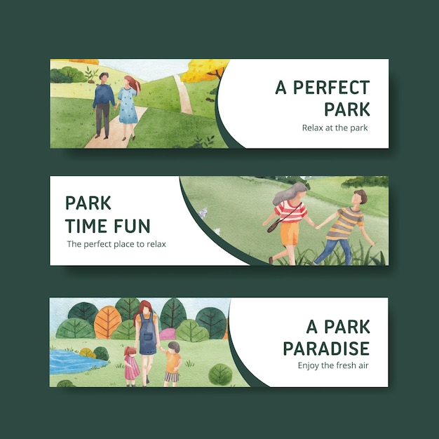 Vector gratuito plantilla de banner con diseño de concepto de parque y familia para publicidad ilustración acuarela